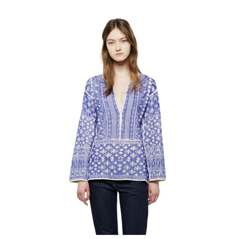 Isabel Marant Etoile Womens Blue White Cotton Bela Embroidered Tunic Top‎ Medium